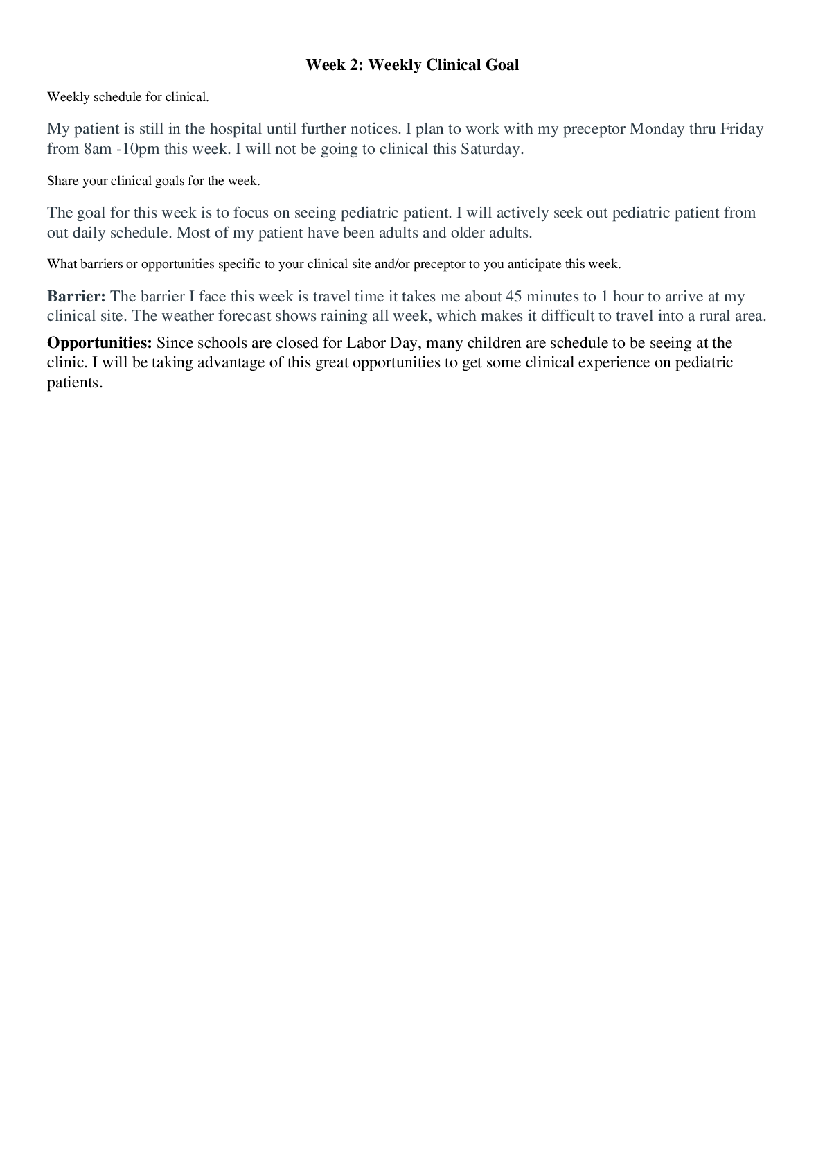 Preview image for NR 601 Week 2 Weekly Clinical Goals (Summer 2020){GRADED A}